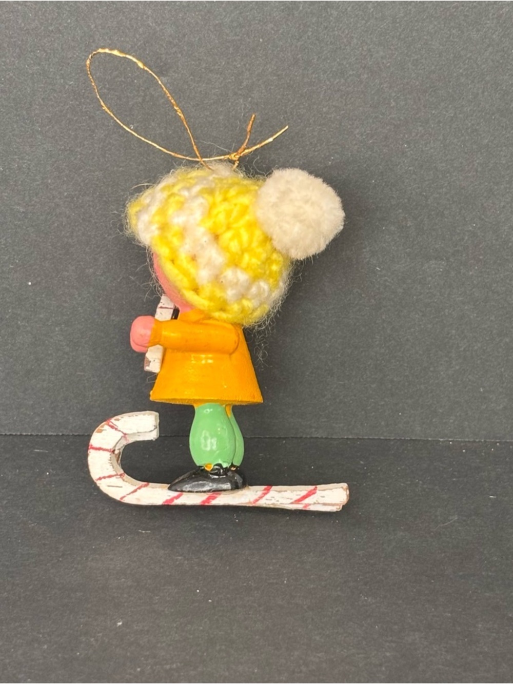 Wood Figure on Skies Christmas Figurine Skier Crochet Hat Vintage 3” Ornament - Picture 2 of 8